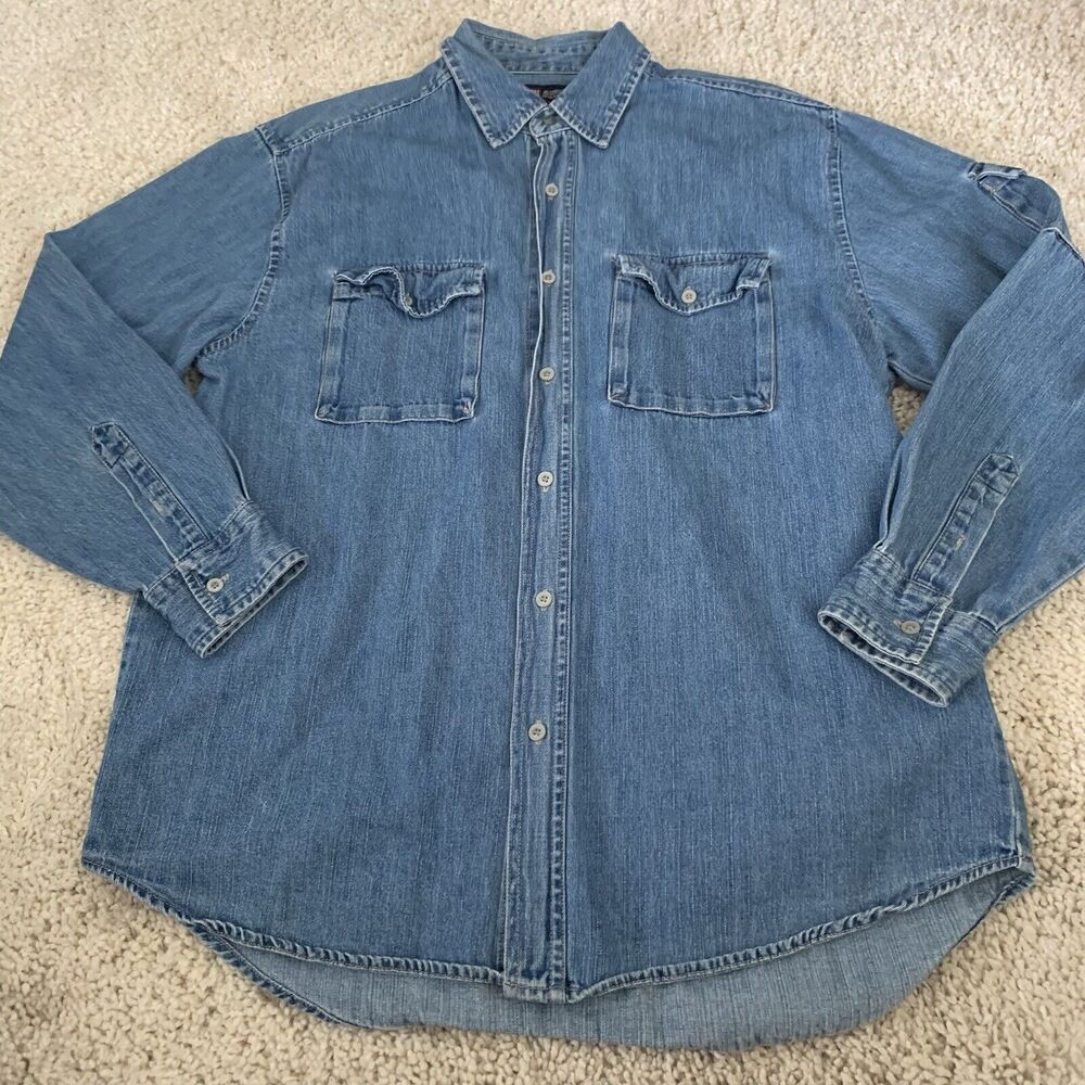 Faded Glory Shirt Mens Medium Blue Denim Button Up Long Sleeve Work 100% Cotton